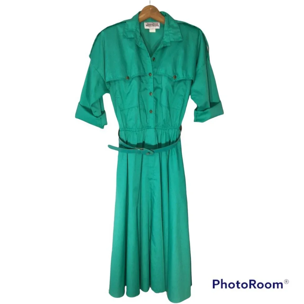 Vintage 80s Day Dress, Green Shirt Dress, Vintage Dress with Pockets Size Medium - Picture 13 of 14